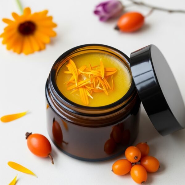 Calendula Balm Plus in an amber glass