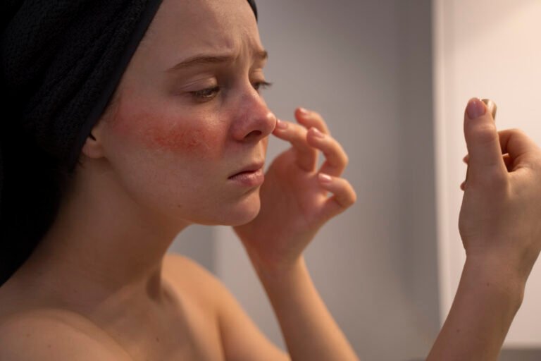 A woman looking at her rosacea in a small mirror