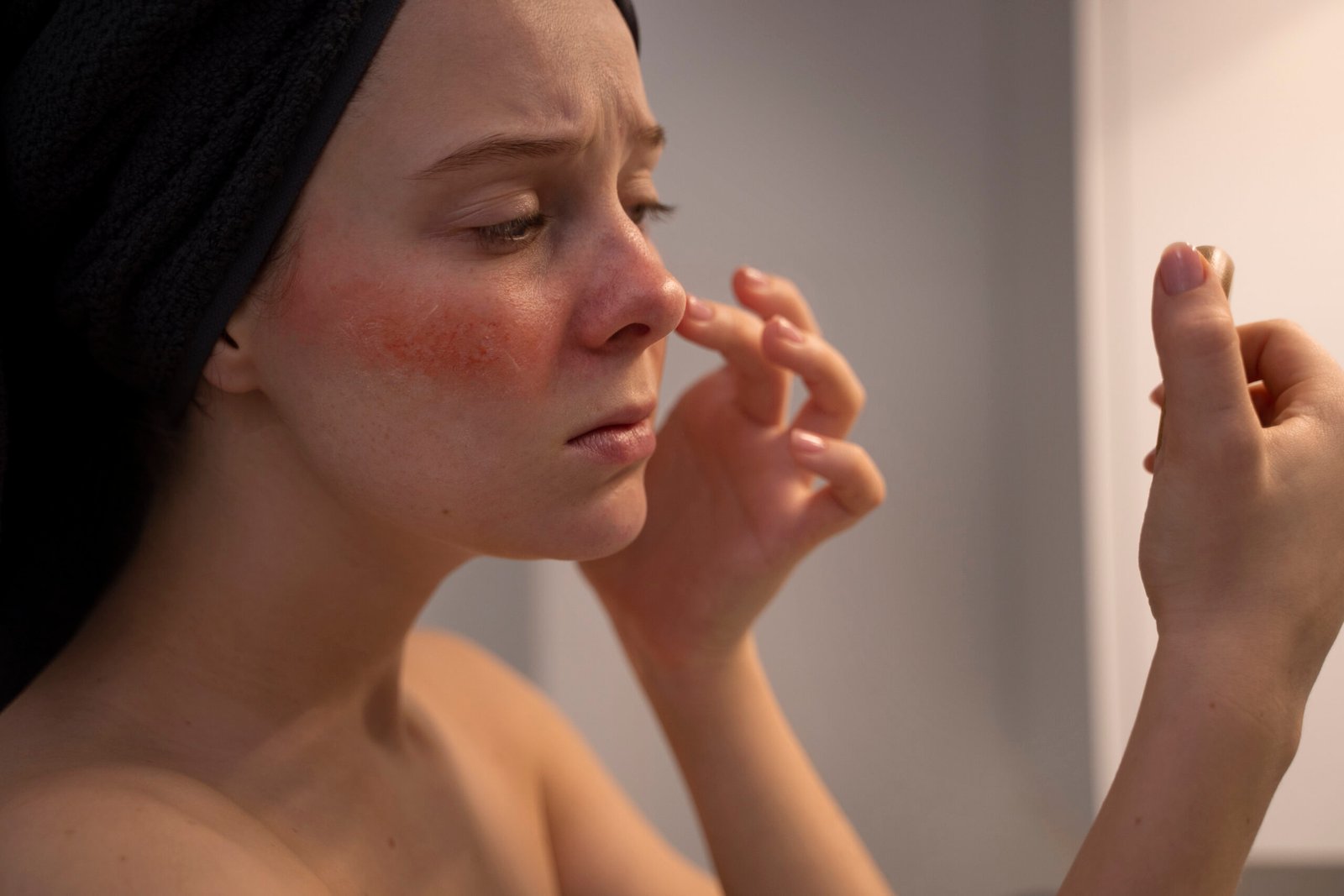 A woman looking at her rosacea in a small mirror