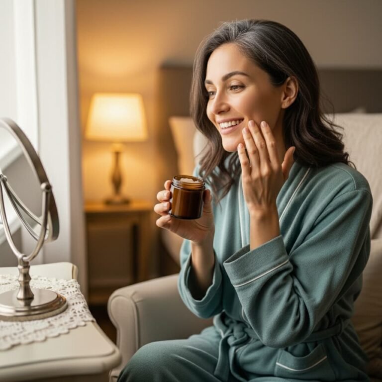 A happy woman sit down on her cosy bedroom chair applying her natural cosmetic cream