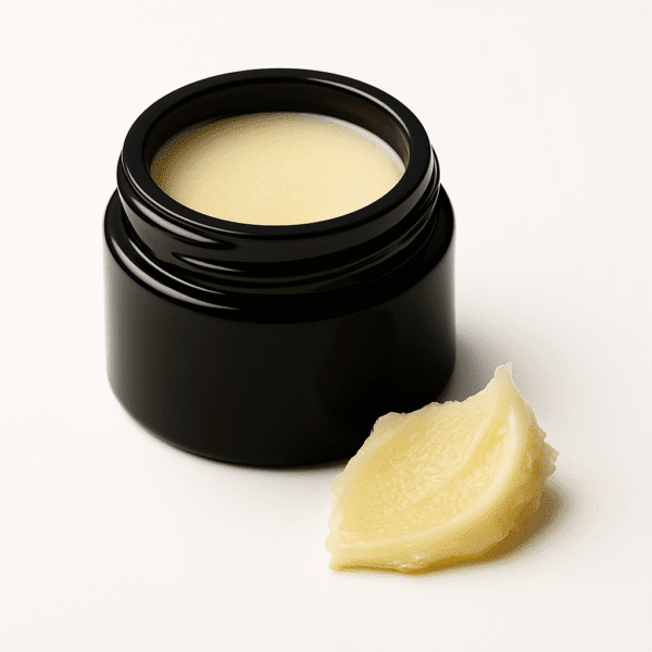 Moisturising lip balm in a black glass jar