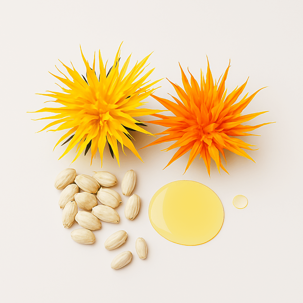 Safflower seeds and flowers