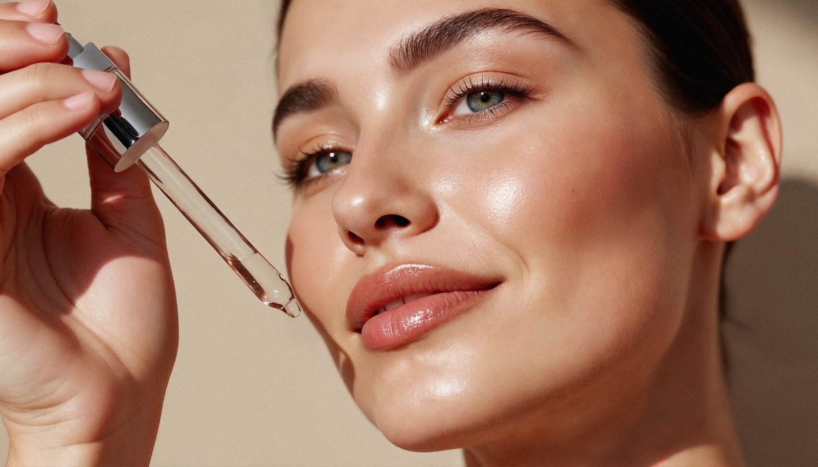 Woman applying facial serum with a dropper