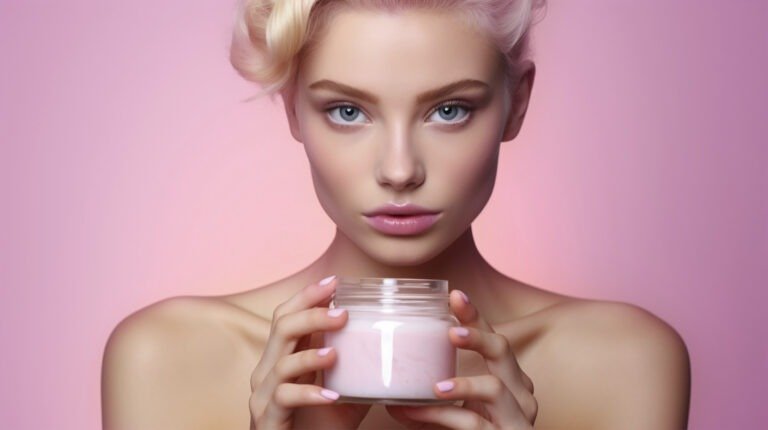 Woman holding pink toned cosmetic product