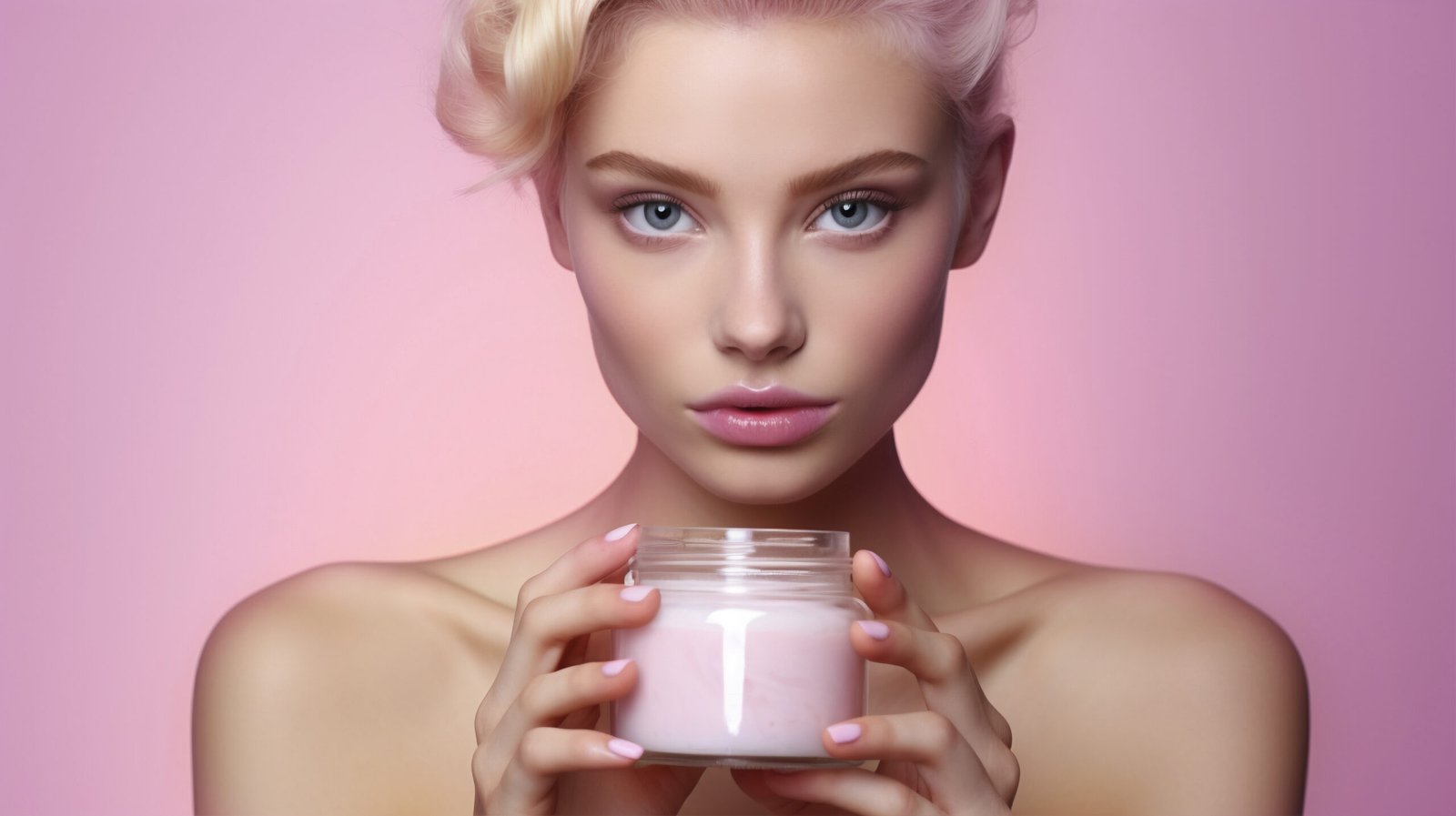 Woman holding pink toned cosmetic product