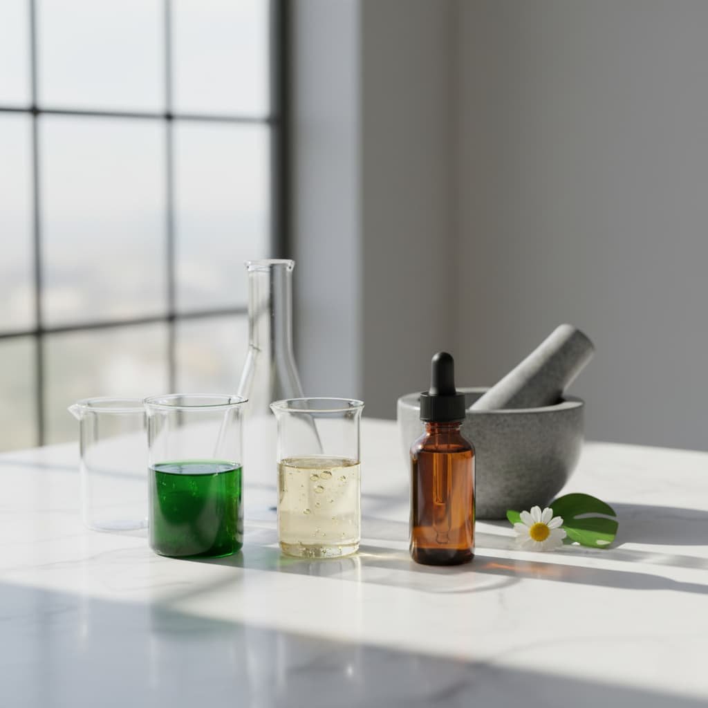 A modern apothecary on a clean, white marble countertop