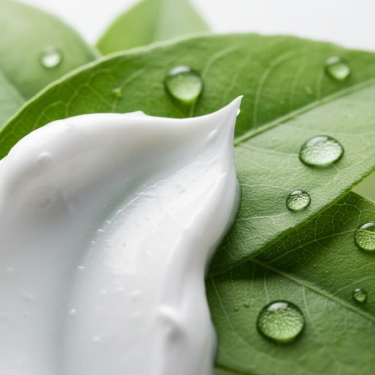 A swirl of rich, white ceramide cream in a background of fresh, dewy green leaves