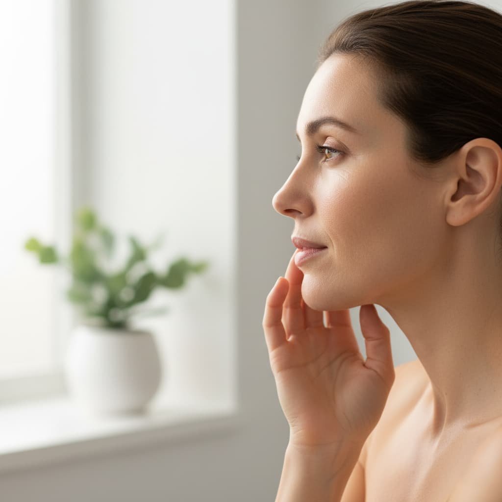 A woman touching her face