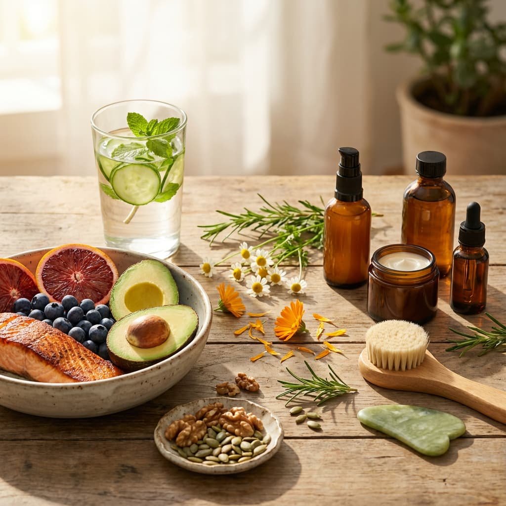 A beauty nutrition, in a table setting on a rustic wooden surface.