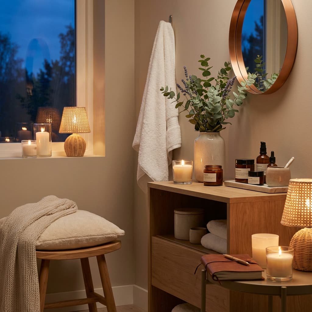 A serene, spa-like bathroom corner at dusk