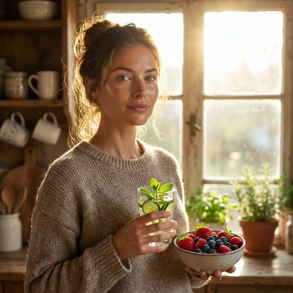 A woman with naturally radiant, dewy skin and minimal makeup, standing in a sunlit, rustic kitchen