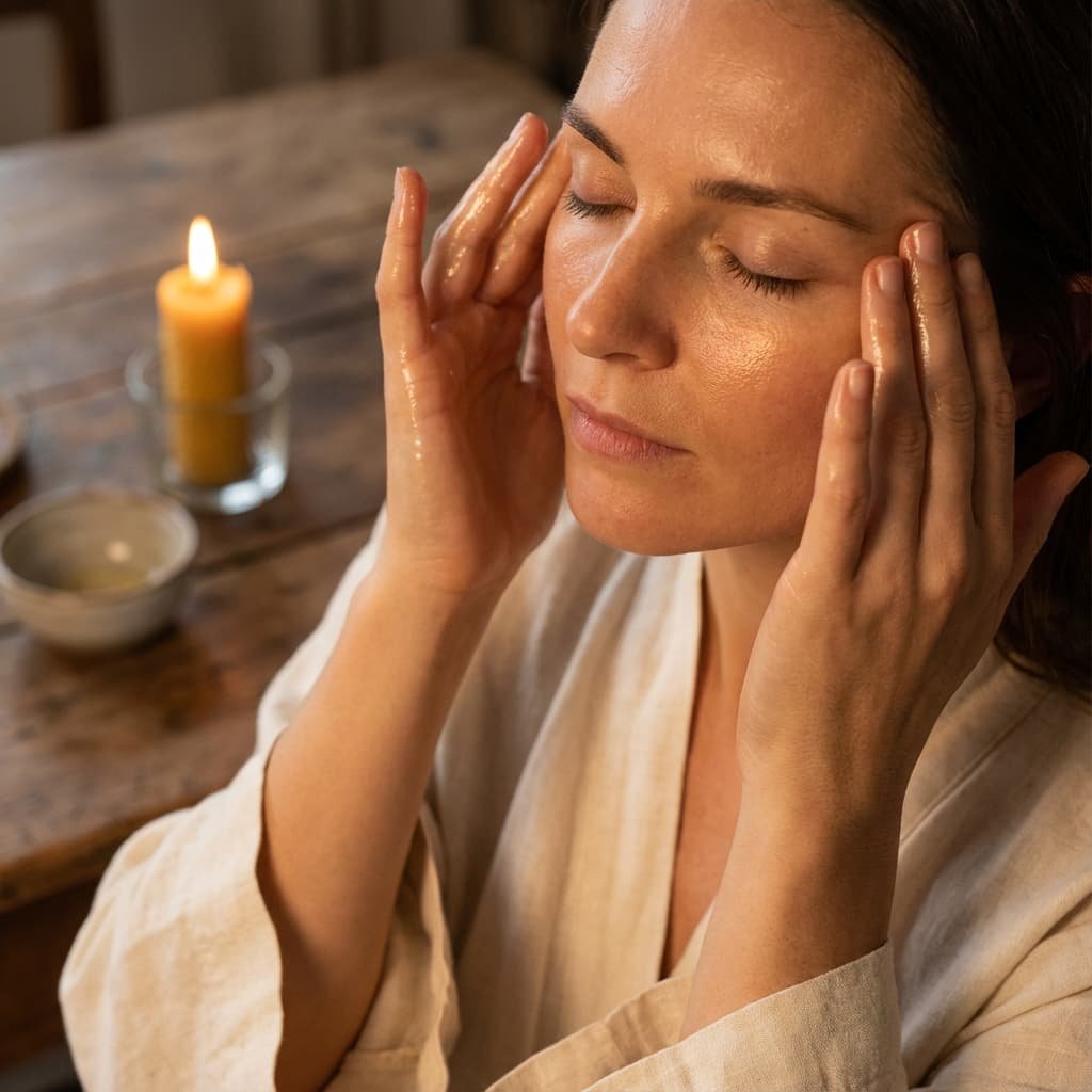 Close-up portrait of a woman gently performing a facial massage