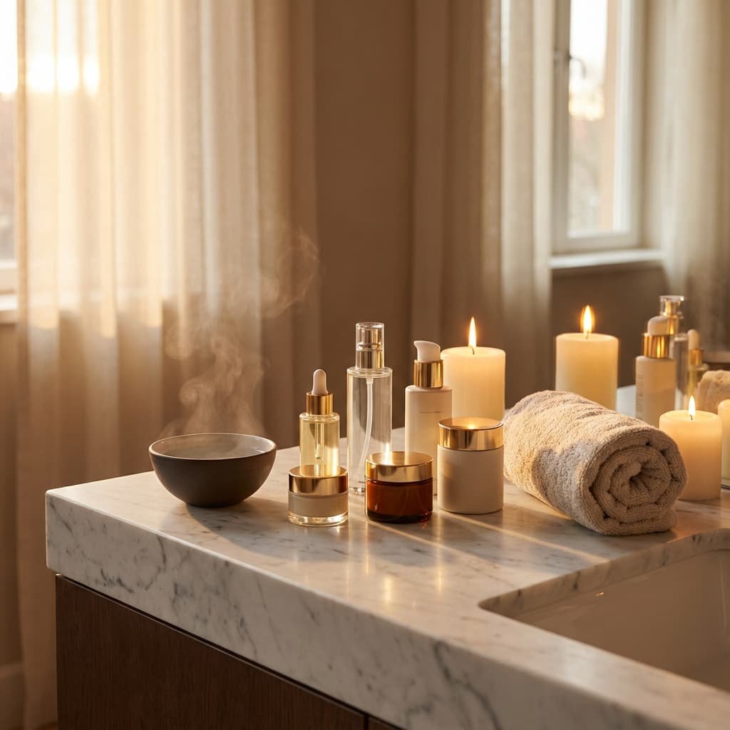 Soft warm candlelight and golden hour glow filtering through sheer curtains onto a minimalist marble vanity