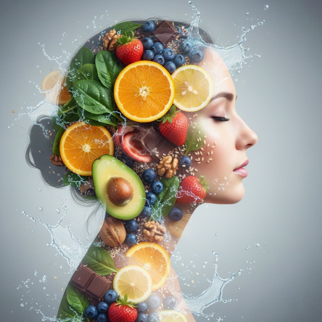 A woman with her eyes closed and a peaceful expression is blended with sliced fruits & Veg