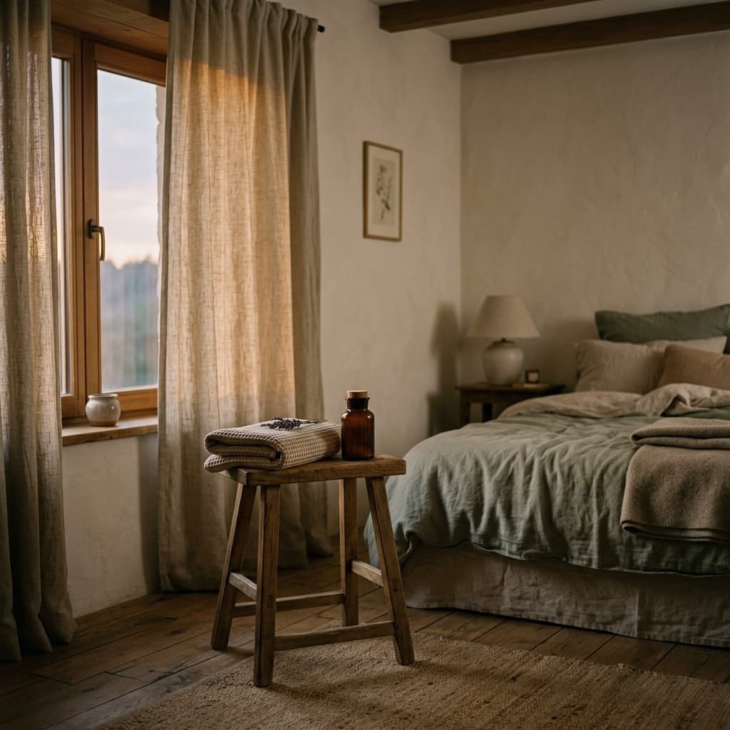A quiet bedroom with soft linen curtains, a simple wooden stool with a folded towel and a small amber glass jar