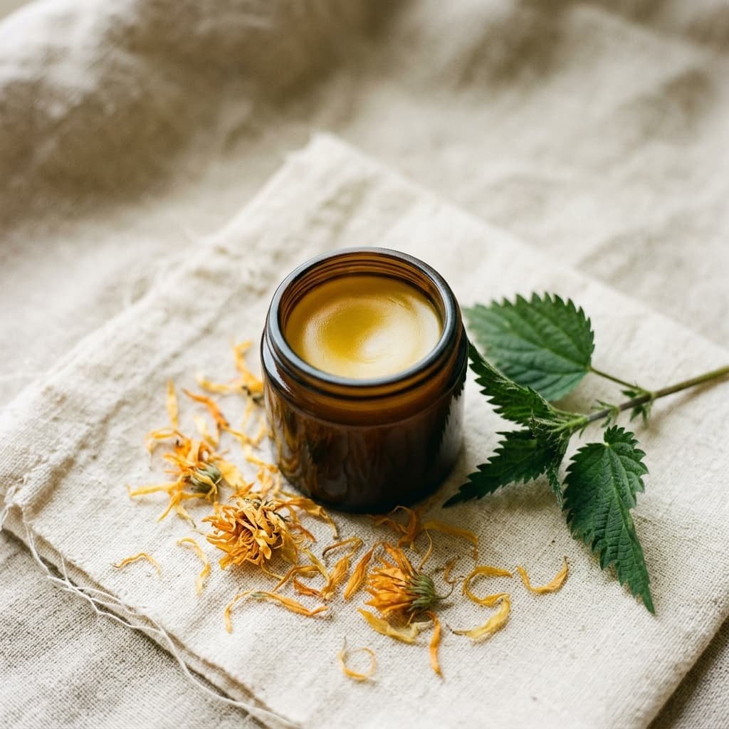 A small open amber glass jar of golden botanical balm on a natural linen cloth