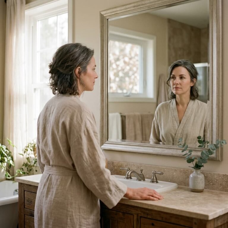 A woman in her mid-forties standing near a bathroom mirror in the early morning