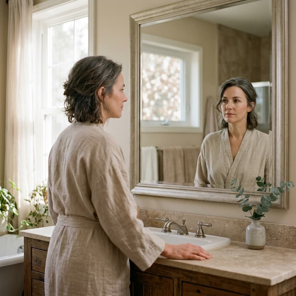 A woman in her mid-forties standing near a bathroom mirror in the early morning