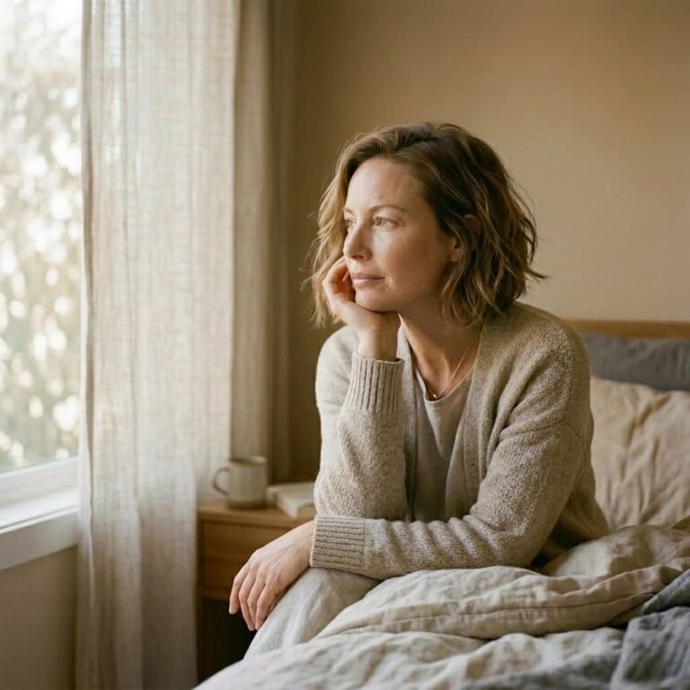 Woman in her 40s looking through the window