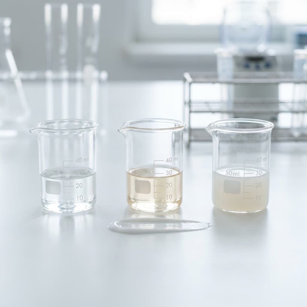 Three beakers image with kojic acid, alpha-arbutin, and arbutin solutions