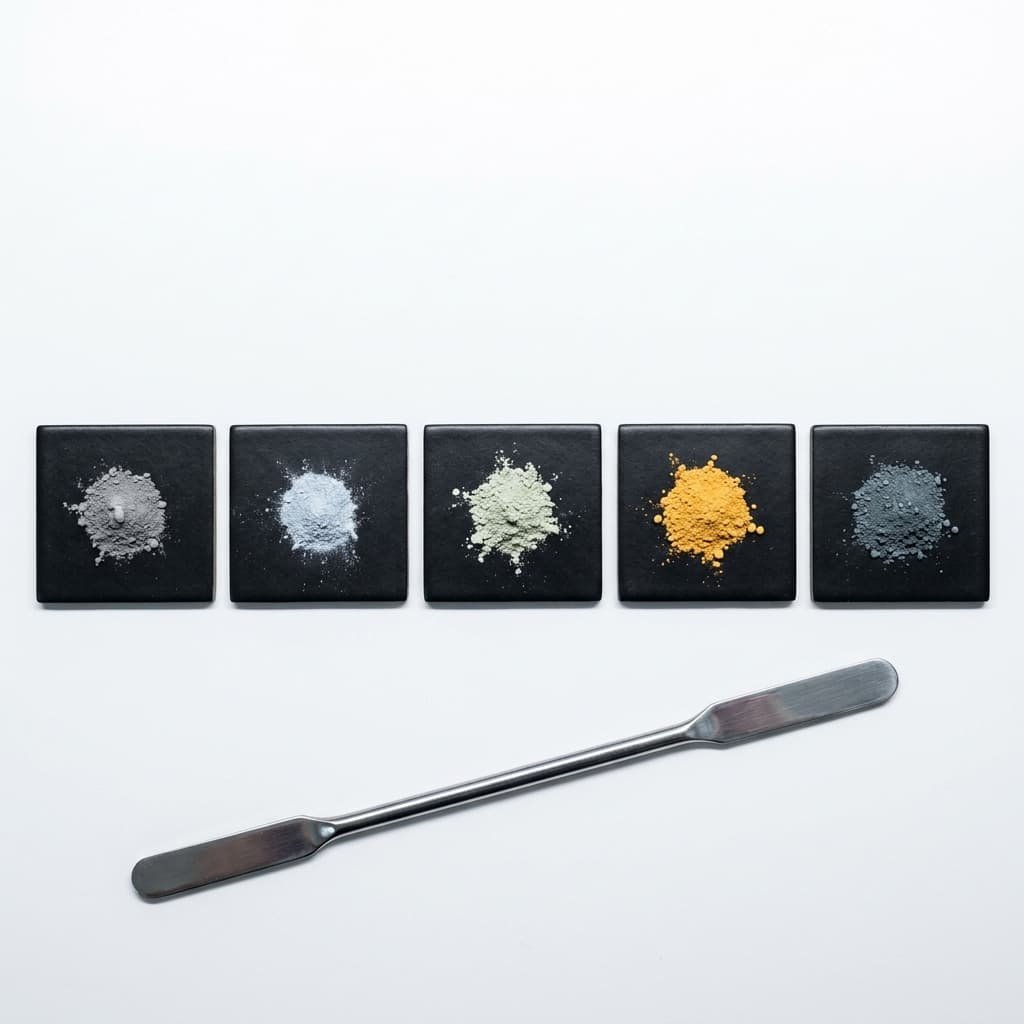 top-down flat-lay image of five tiles with heavy metal powders