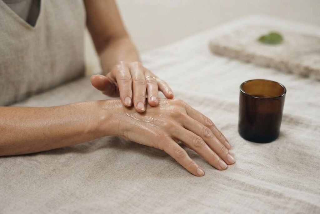 A woman applying cream in her hands