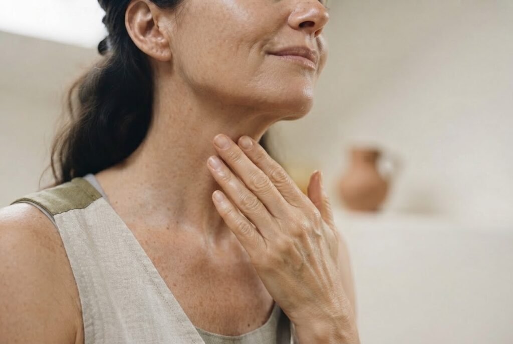A woman massaging her neck