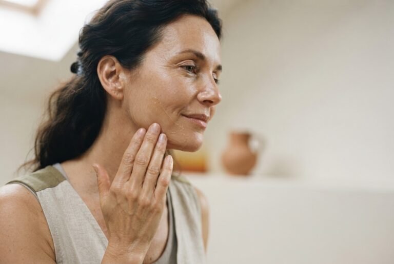 Elegant woman gently applying a small amount of translucent skincare