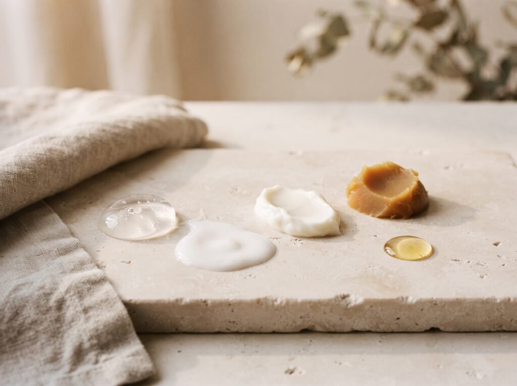 Skincare textures arranged on stone