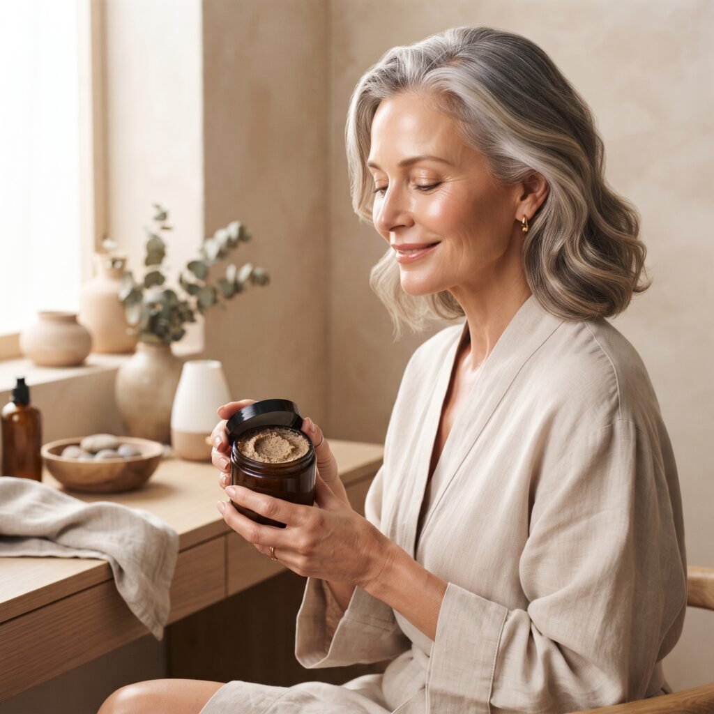 Woman holding facial scrub jar