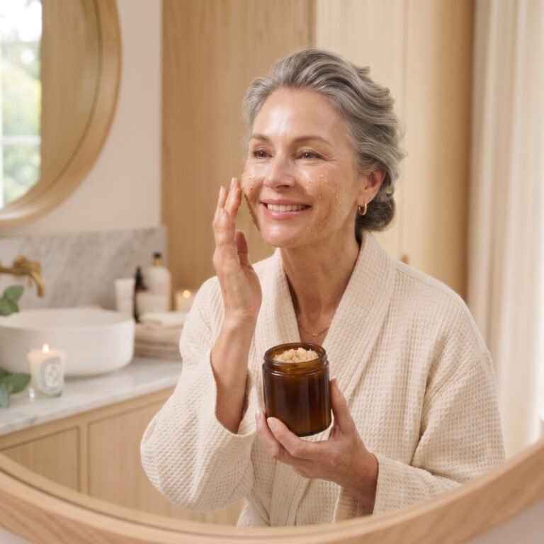 Woman using gentle exfoliant