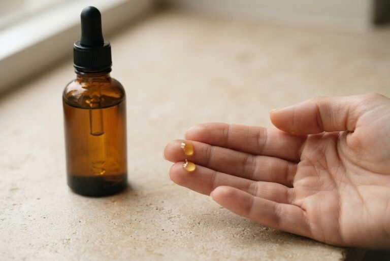 close-up of an unbranded amber-glass facial oil